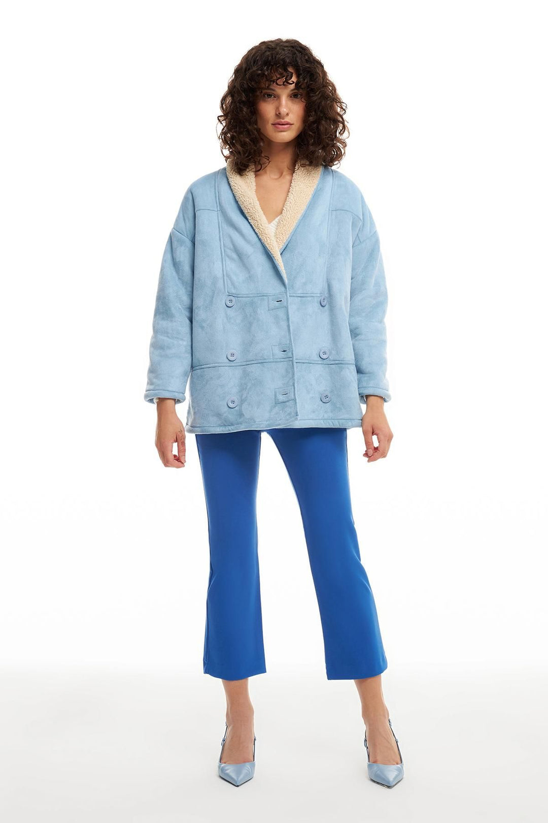 Double Breasted Suede Coat Blue