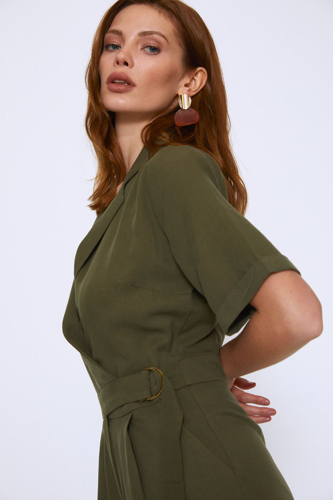 Yandan Bağlamalı V yaka Tulum Haki