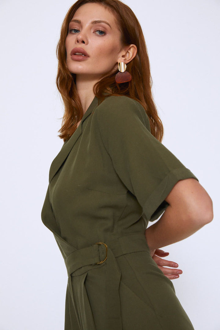 Yandan Bağlamalı V yaka Tulum Haki