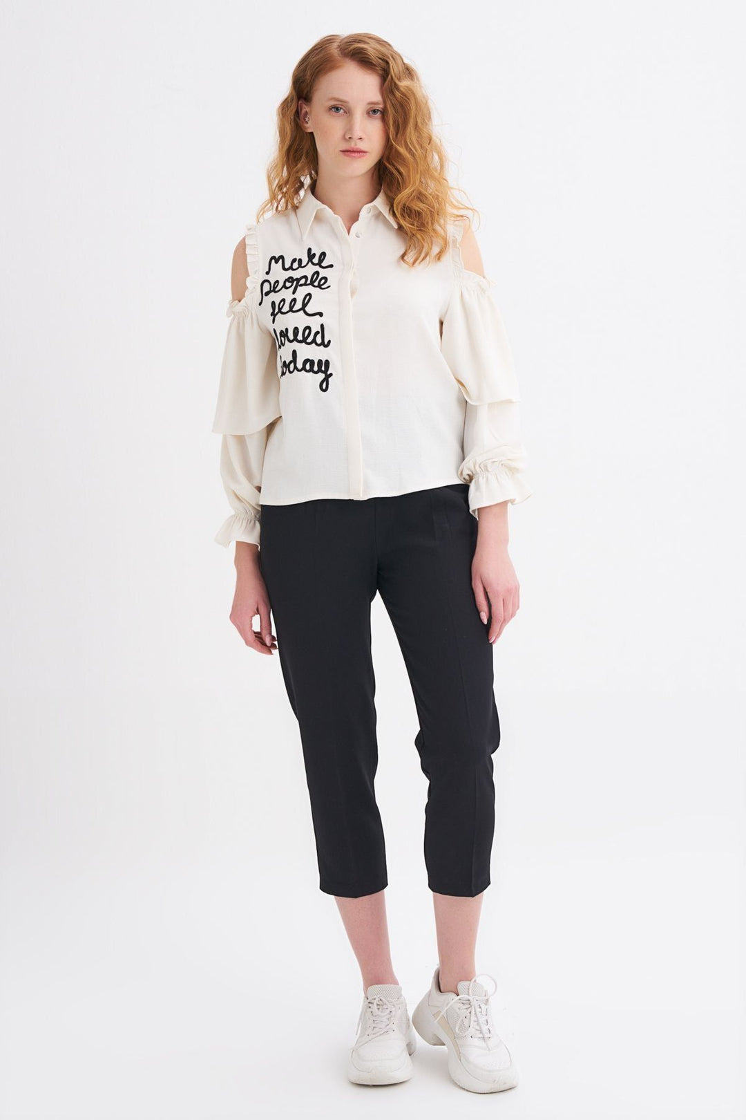 Embroidered Ruffle Detailed Off-Shoulder Shirt Ecru