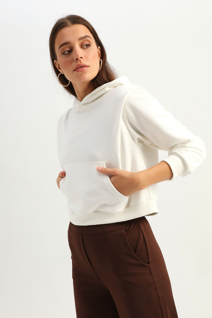 Kapüşonlu Kanguru Cepli Sweatshirt Ekru