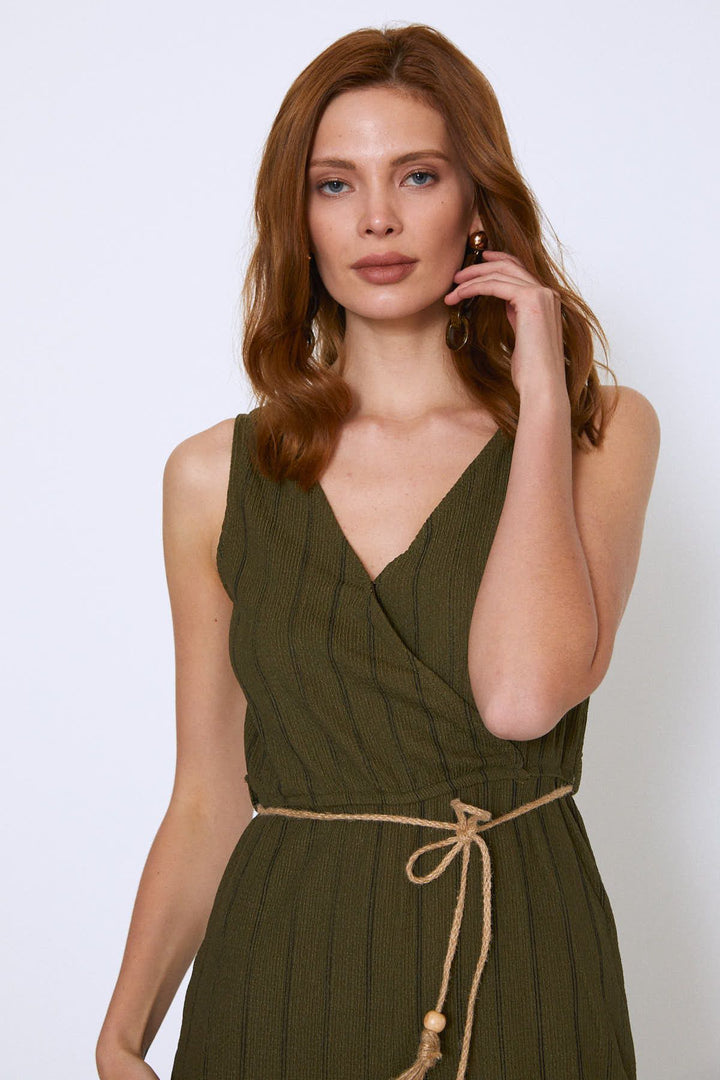 Hasır Kemerli V Yaka Tulum Haki