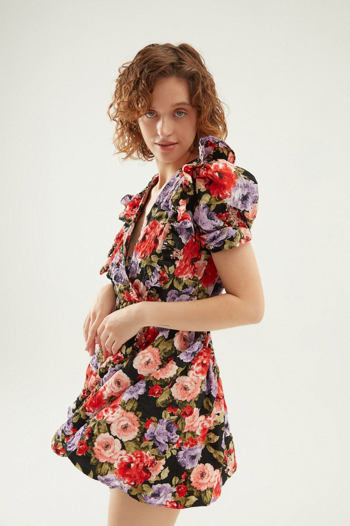 Desenli Fırfırlı Balon Kol Elbise Siyah