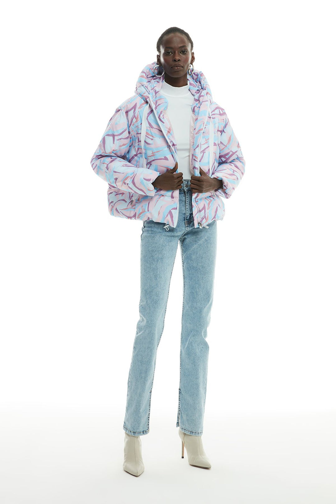 Colorful Zippered Hooded Inflatable Coat Ecru