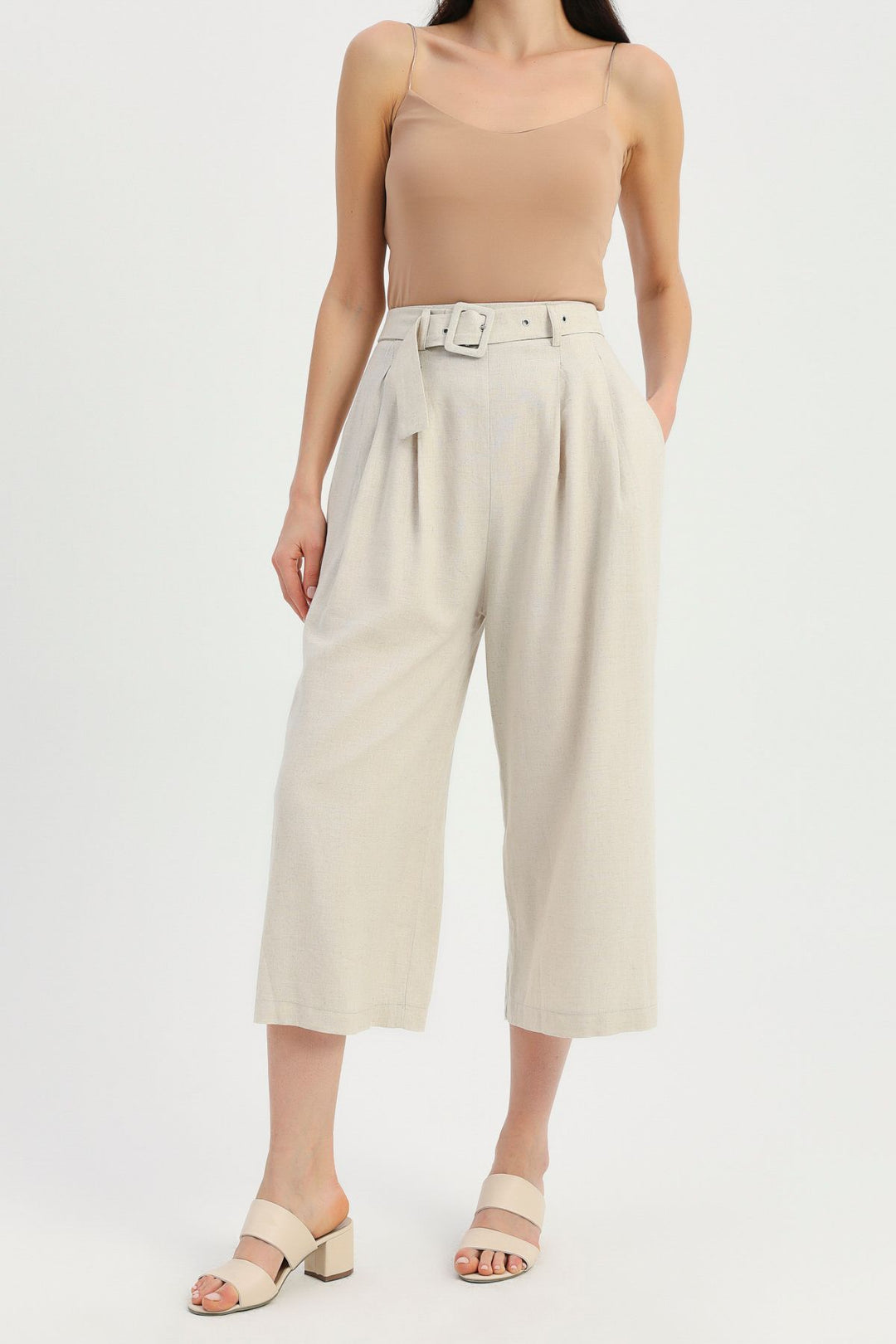 Kemerli Keten Pantolon Naturel