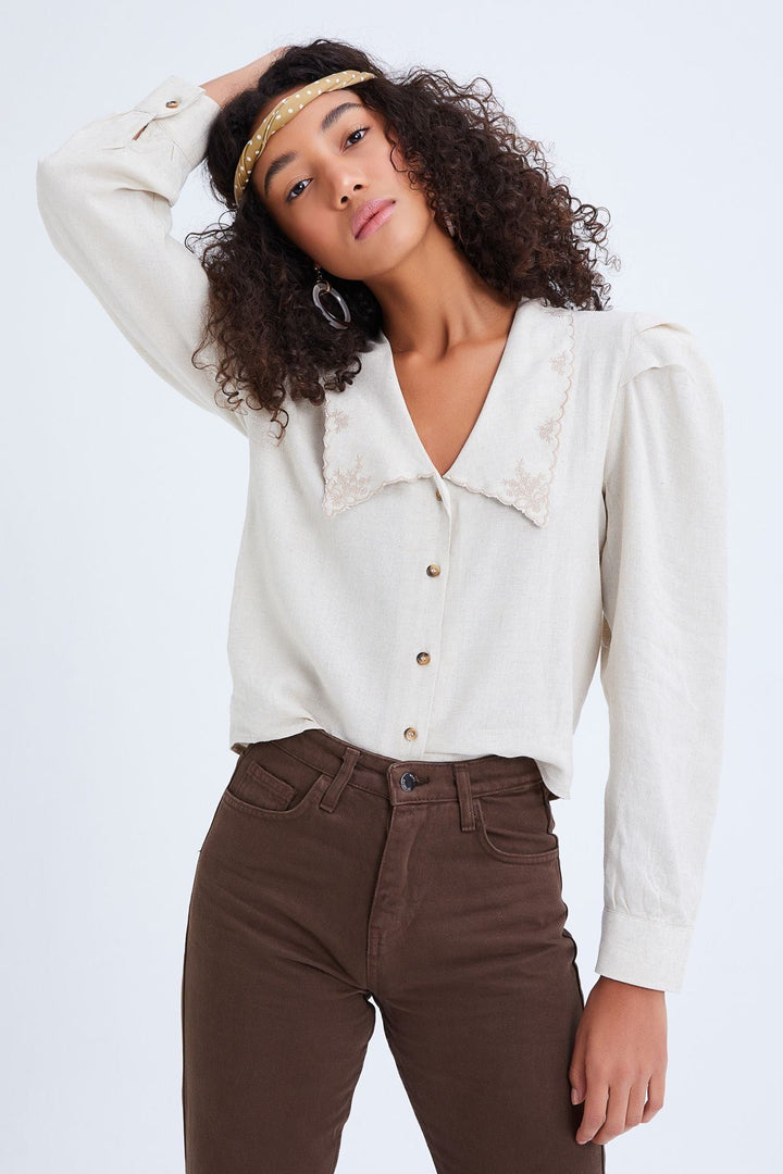 Embroidered Collar Padded Linen Shirt Natural