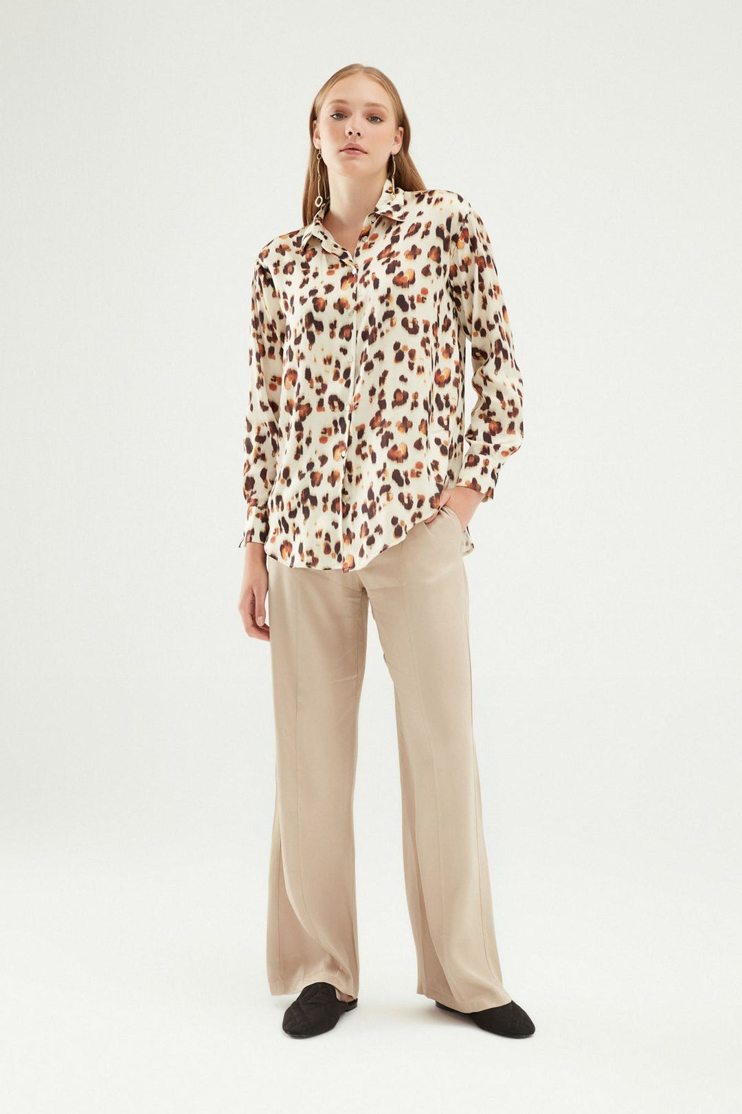 Leopard Patterned Satin Shirt Brown
