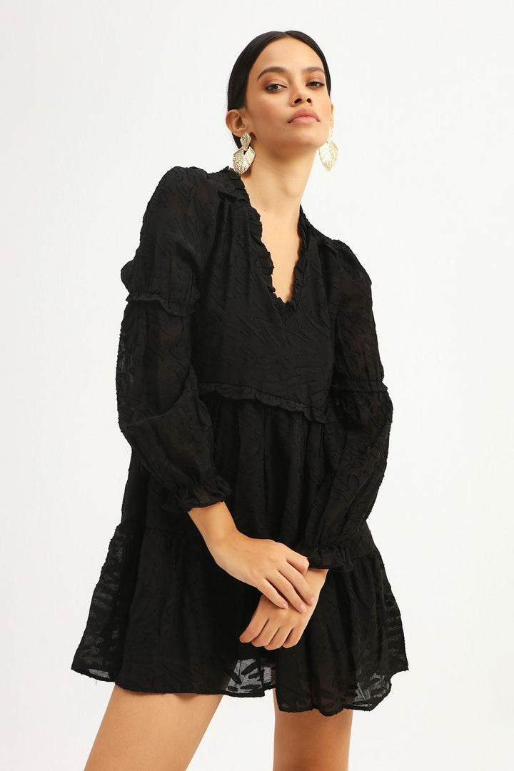 V Neck Frilly Dress Black