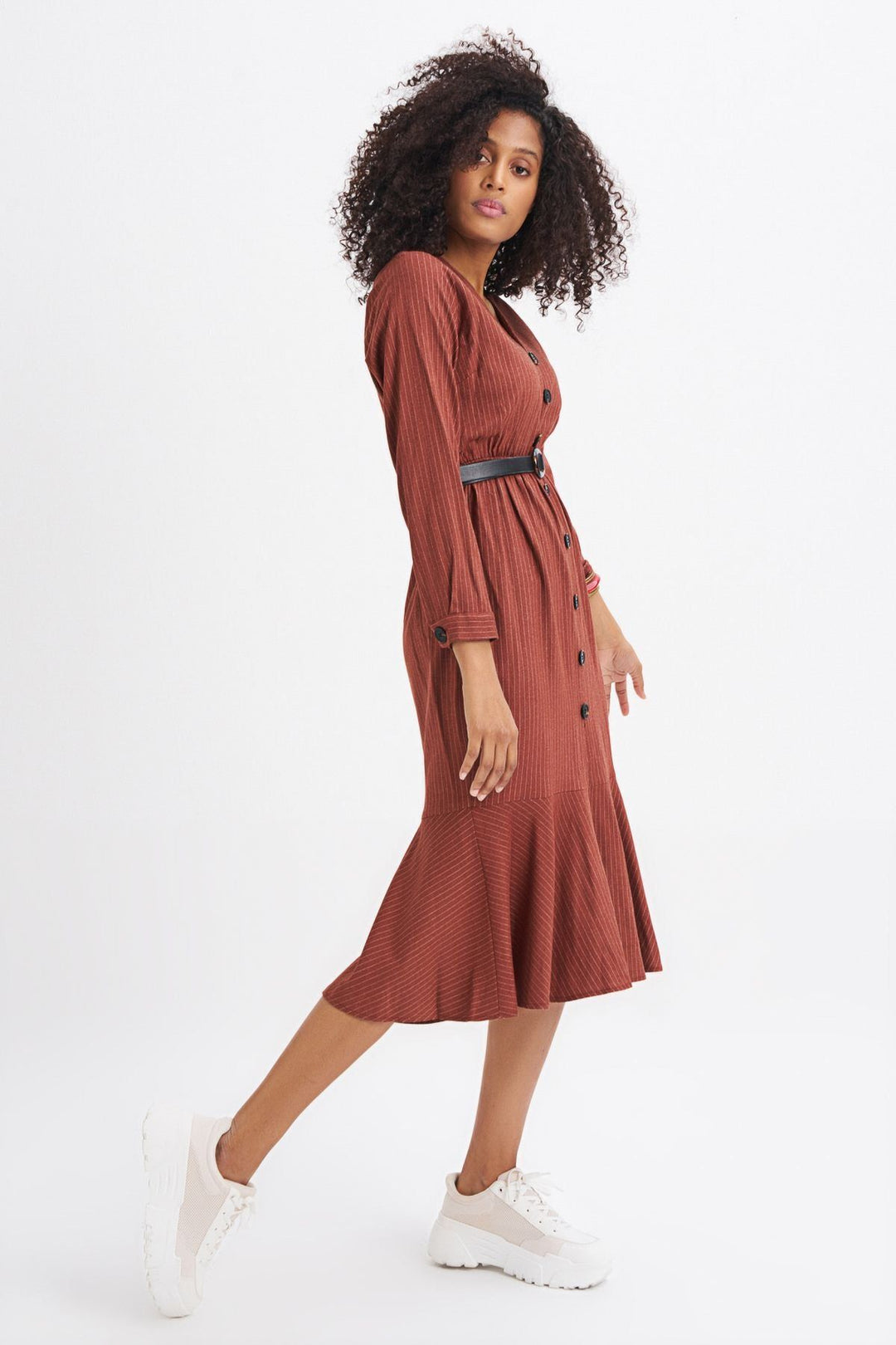 Belt Detailed Front Buttoned Striped Dress Tile