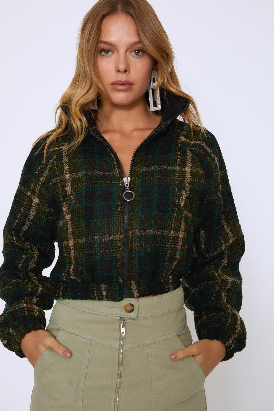 Önü Fermuarlı Kaşe Ceket Zümrüt