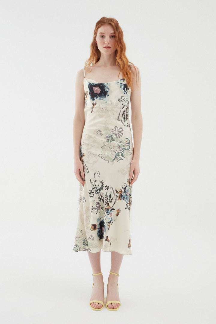 Patterned Plunging Collar Satin Dress Ecru