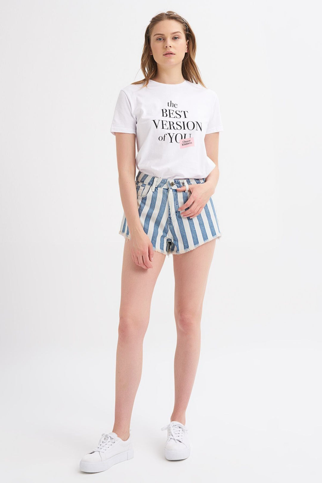 Striped Short Denim Shorts Blue