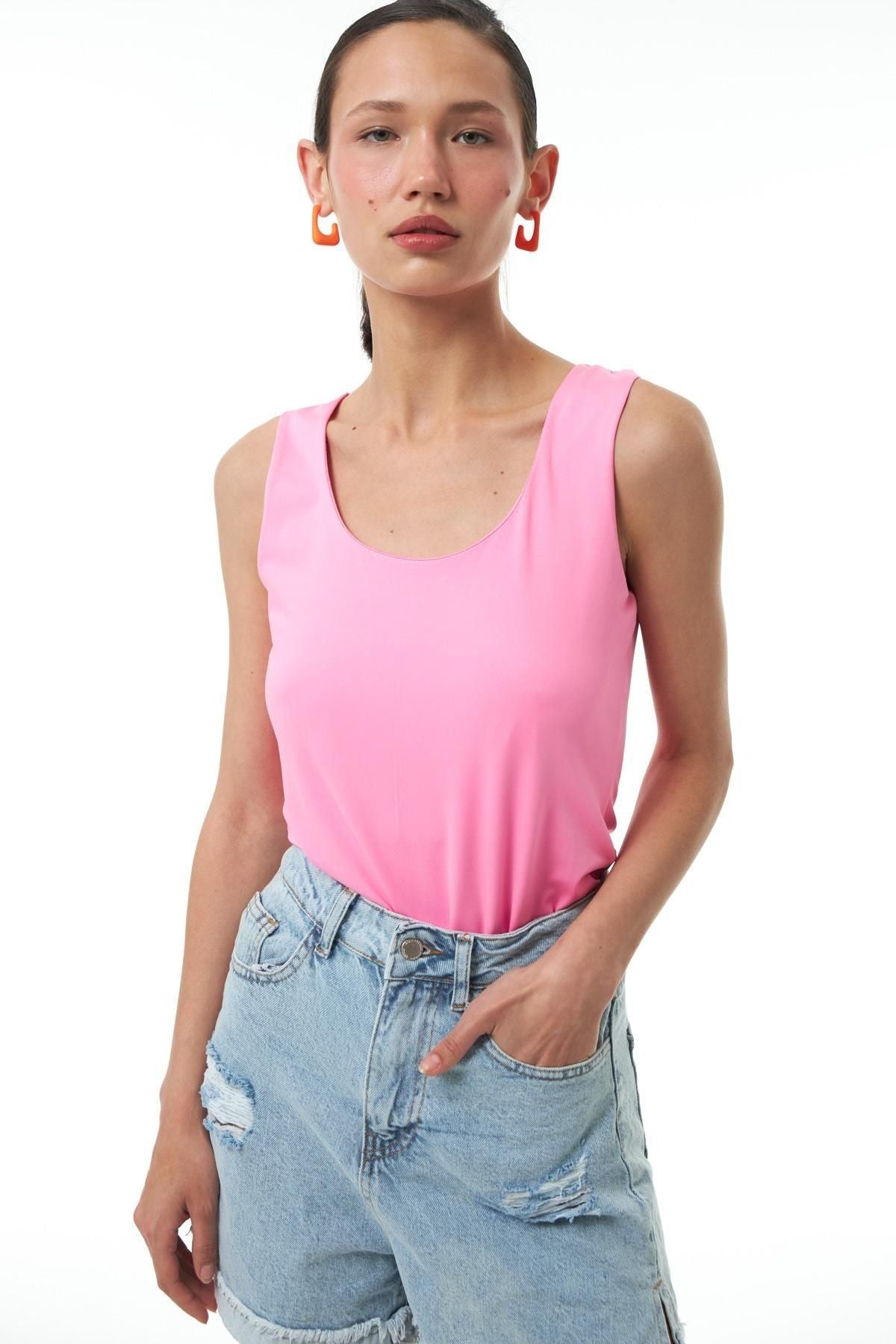 Thick Strap Basic Blouse Neon Pink