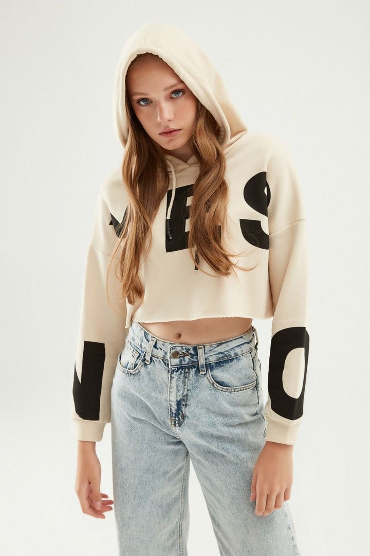 Baskılı Crop Sweatshirt Bej