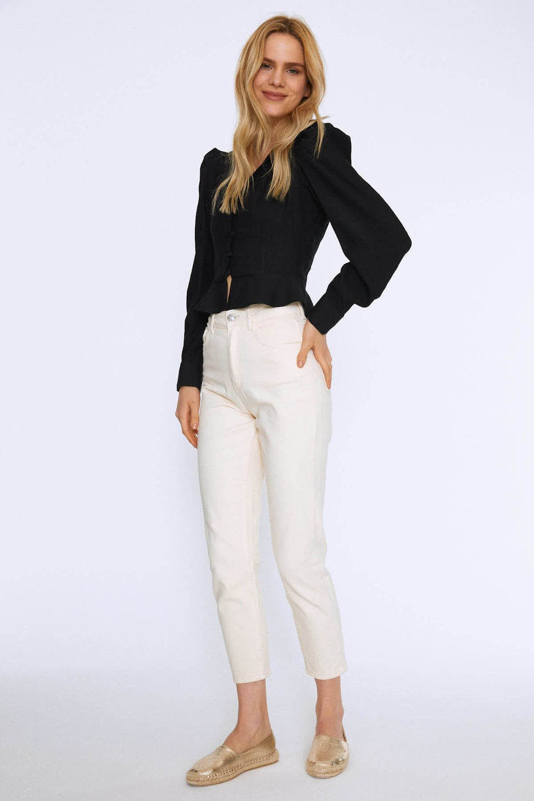 Button Front Balloon Sleeve Blouse Black