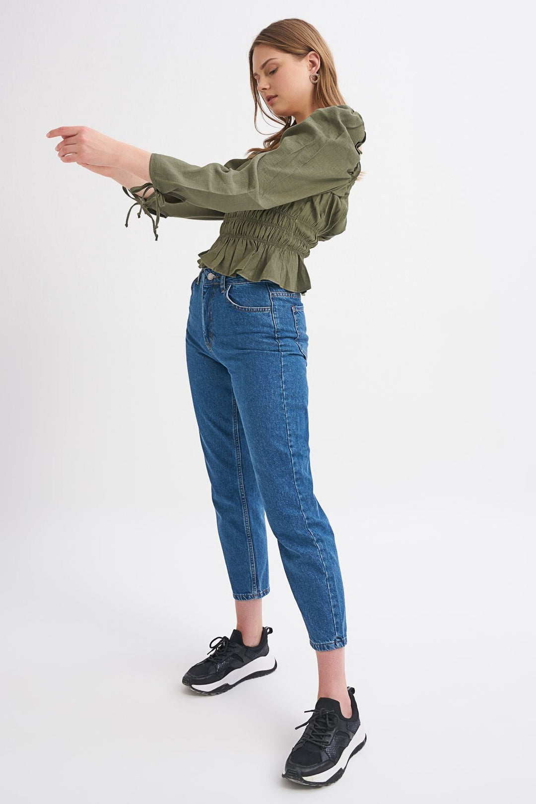 Watermelon Sleeve Square Collar Gipe Blouse Dark Khaki