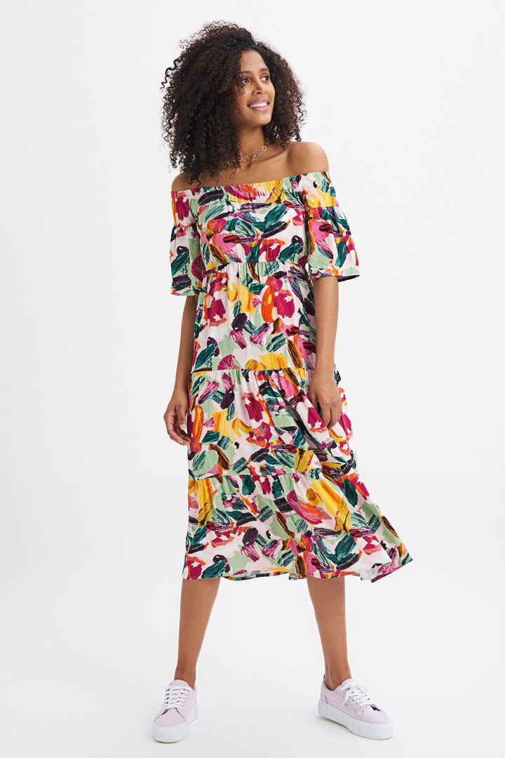 Patterned Off-Shoulder Dress Fuchsia