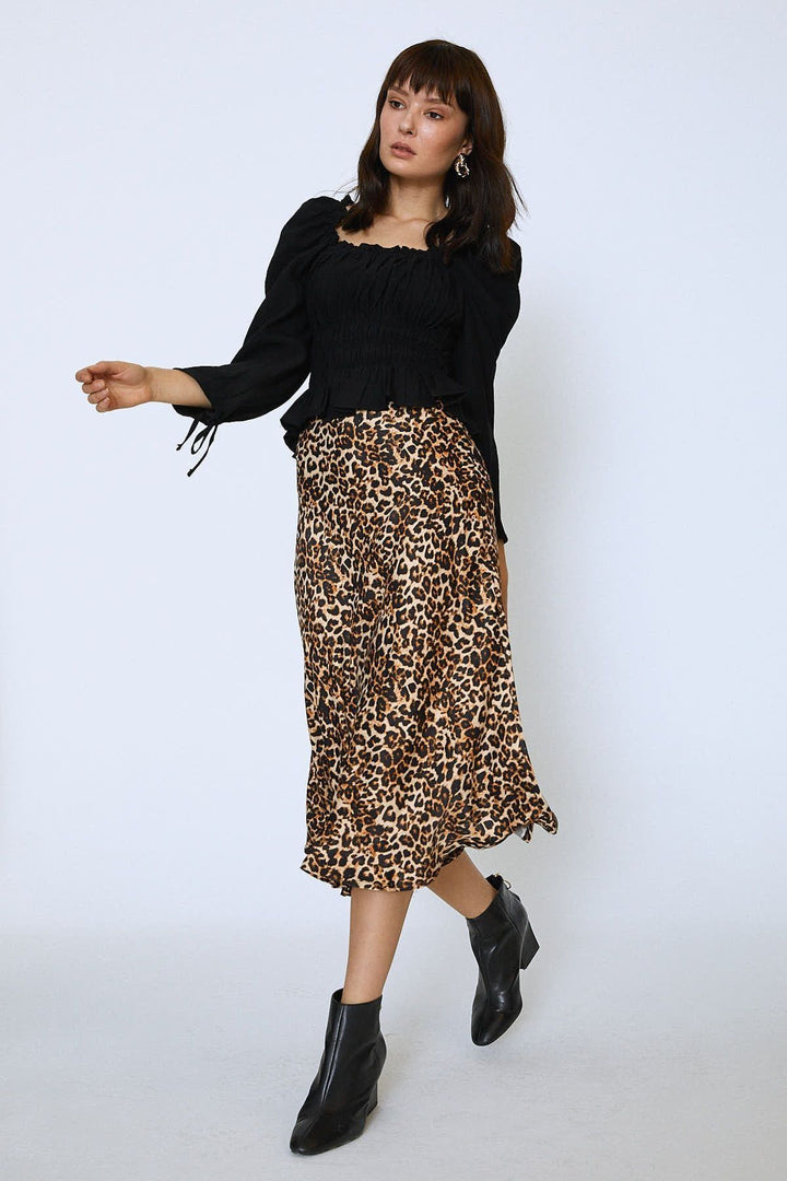 Leopard Pattern Satin Midi Skirt Brown
