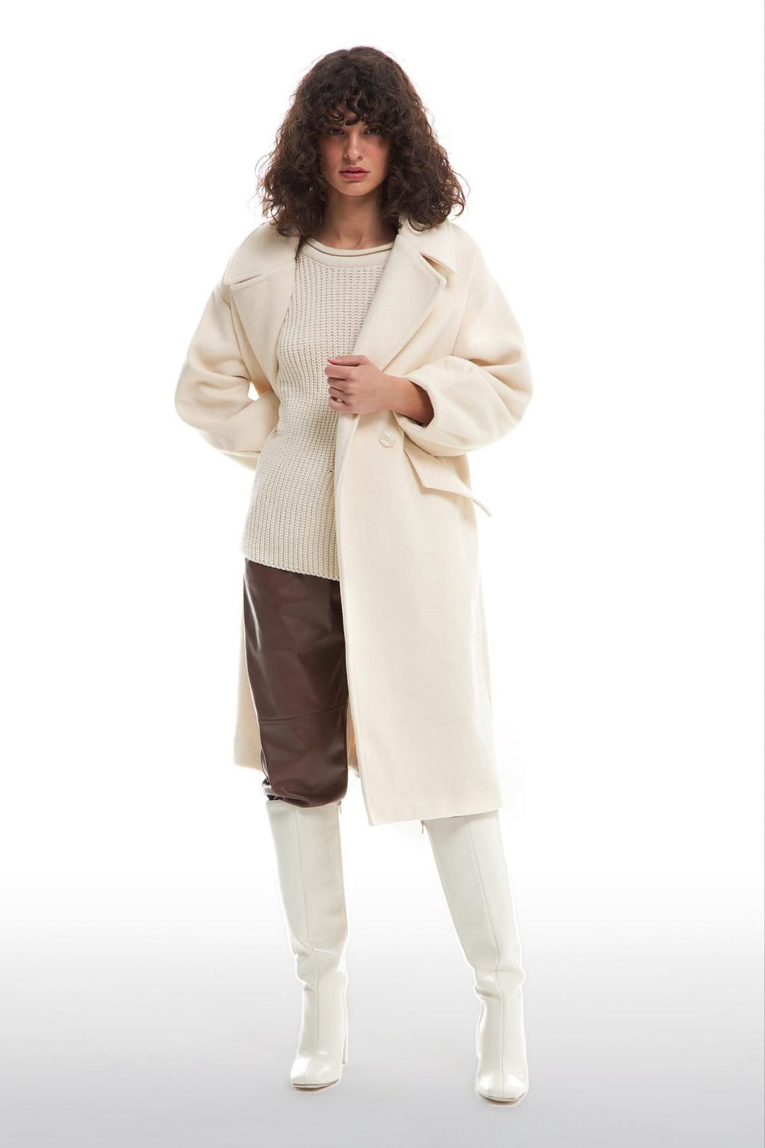 Double Breasted Collar Oversize Coat Ecru