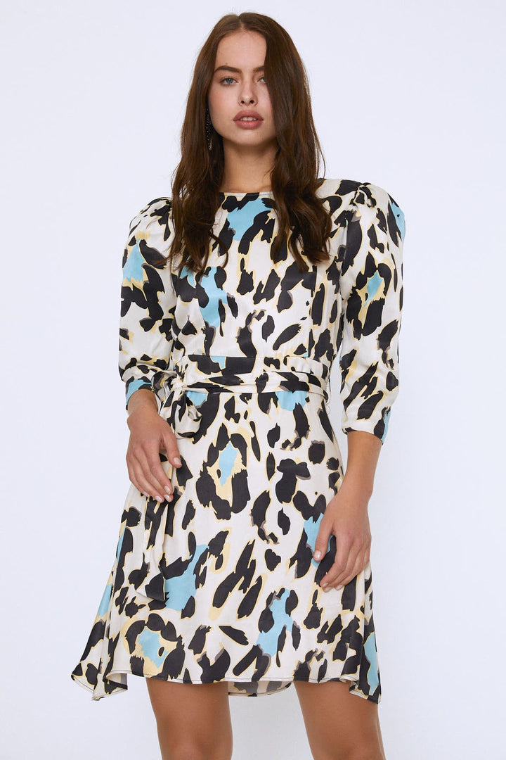 Belted Waist Balloon Sleeve Dress Beige