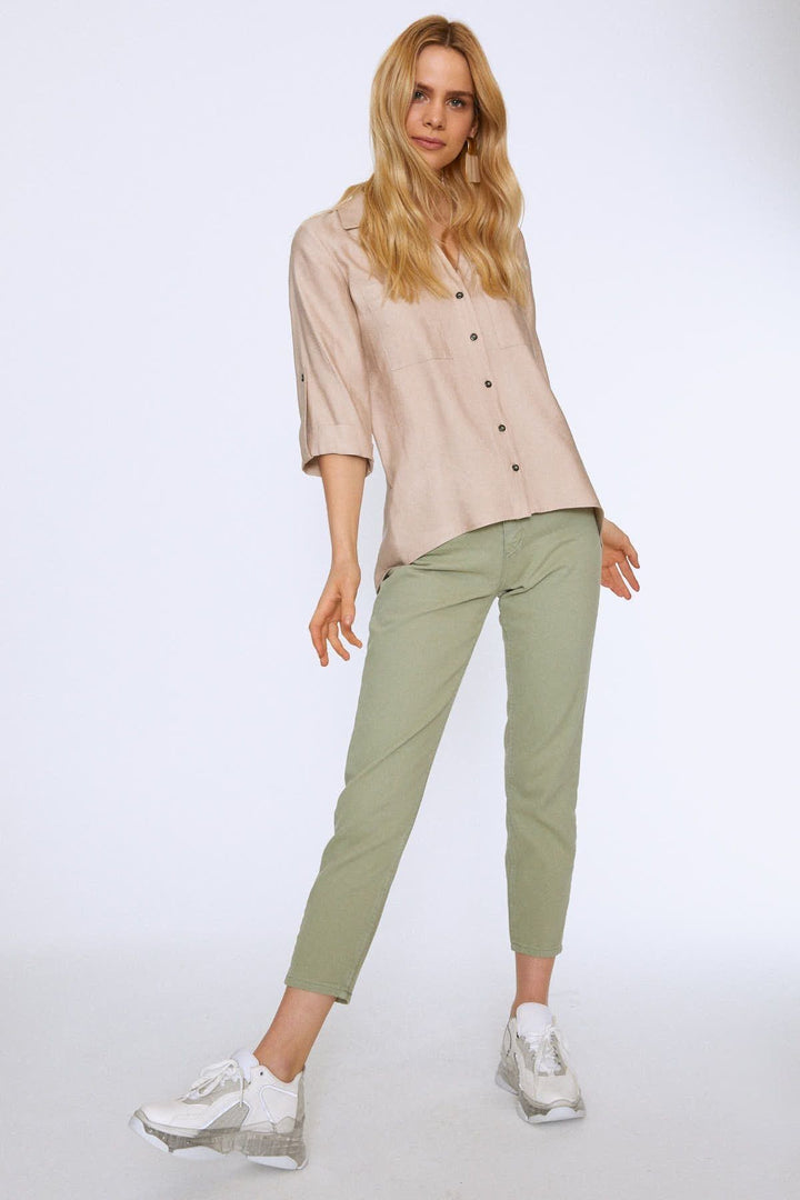 V-Neck Three Quarter Sleeve Shirt Beige