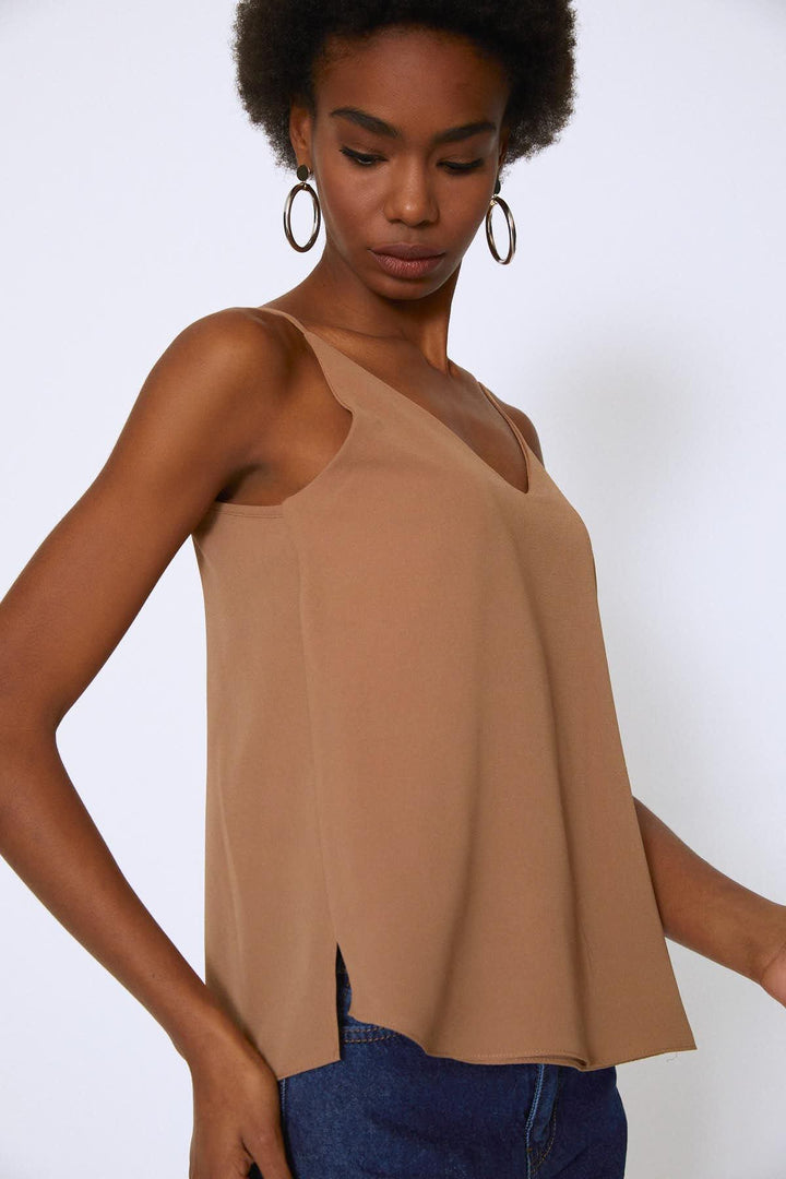 Rope Strap V-Neck Blouse Brown
