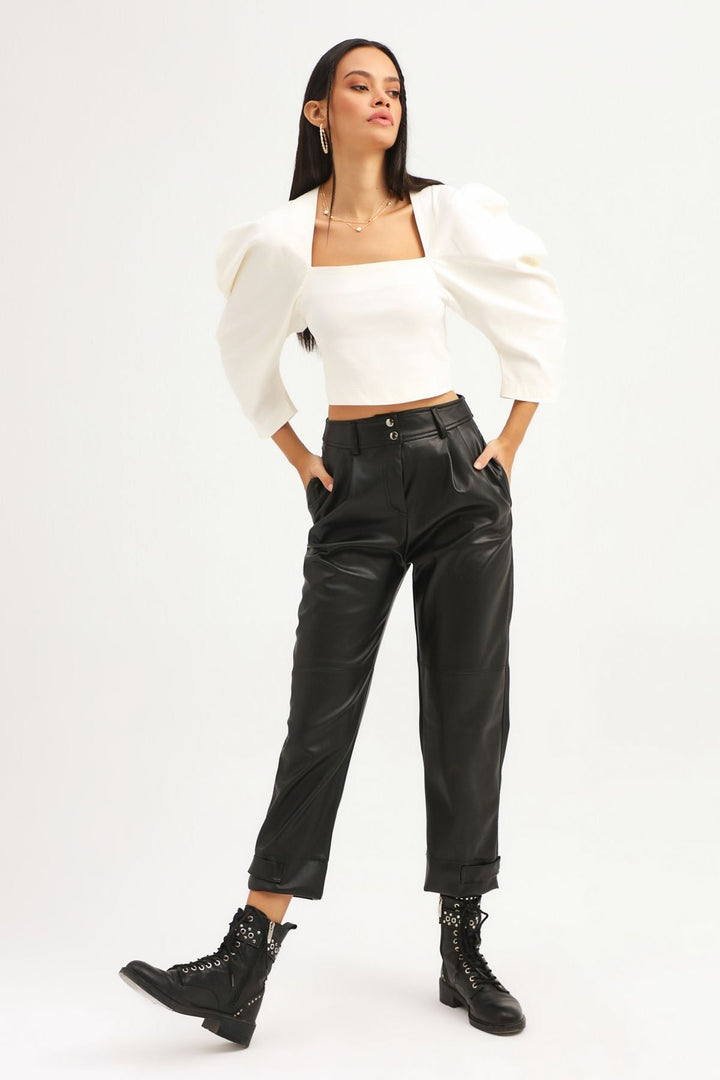Balloon Sleeve Square Neck Crop Blouse Ecru