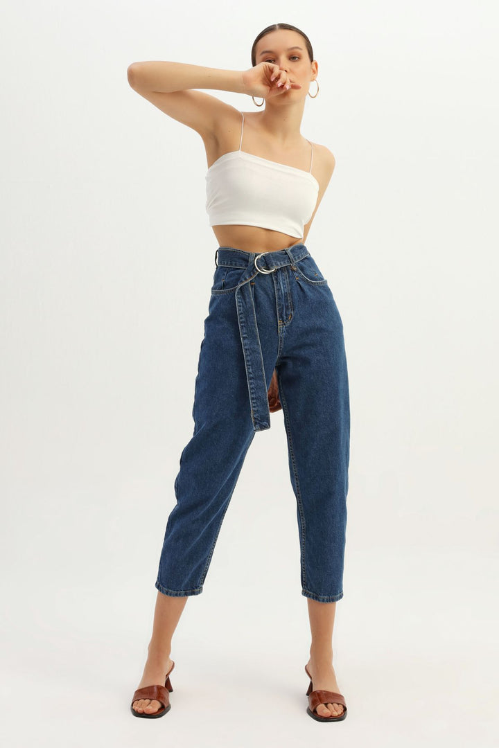 Kemerli Mom Jean Mavi