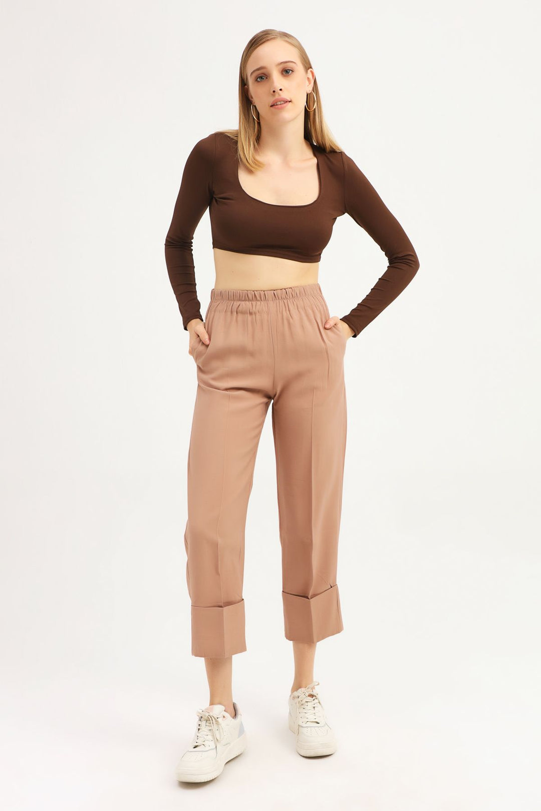 Beli Lastikli Duble Paça Pantolon Camel