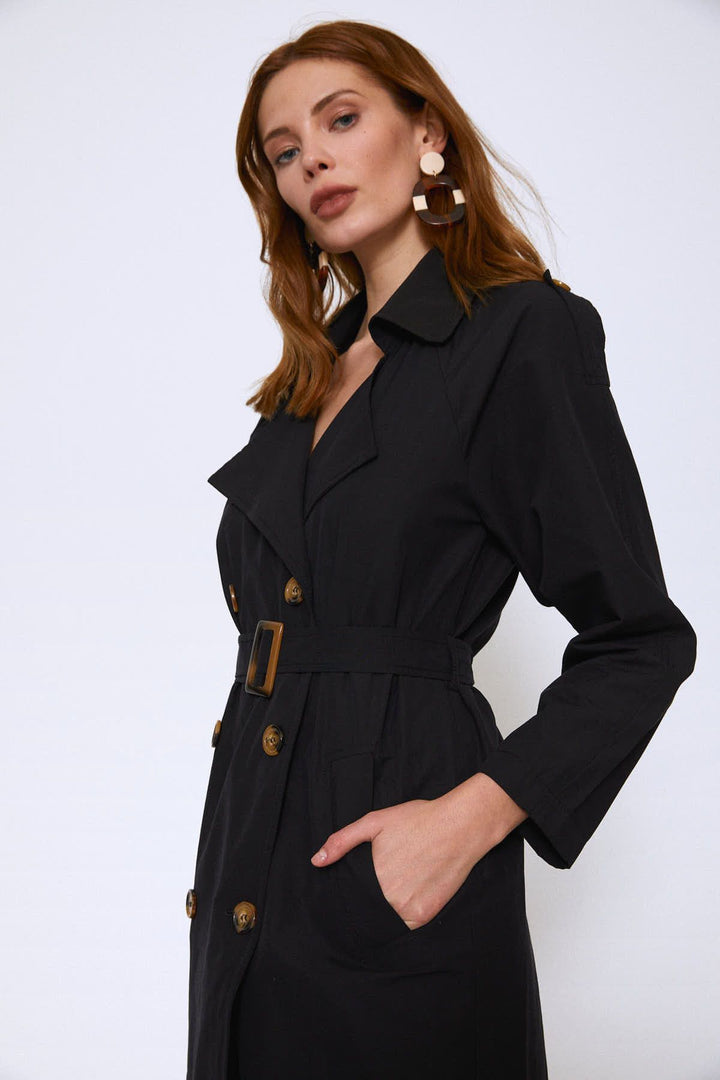 Epaulette Waist Belted Trench Coat Black