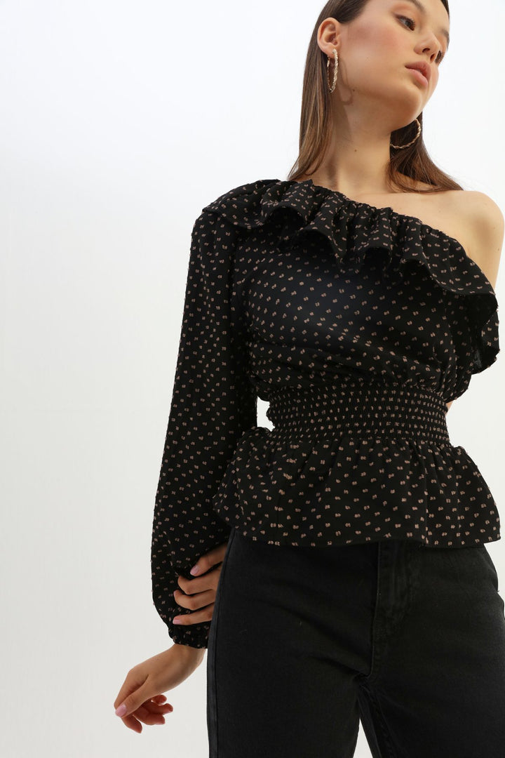 Volanlı Gipeli Tek Omuz Bluz Siyah