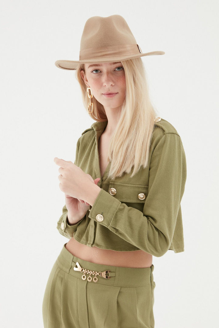 Button Detailed Crop Shirt Khaki