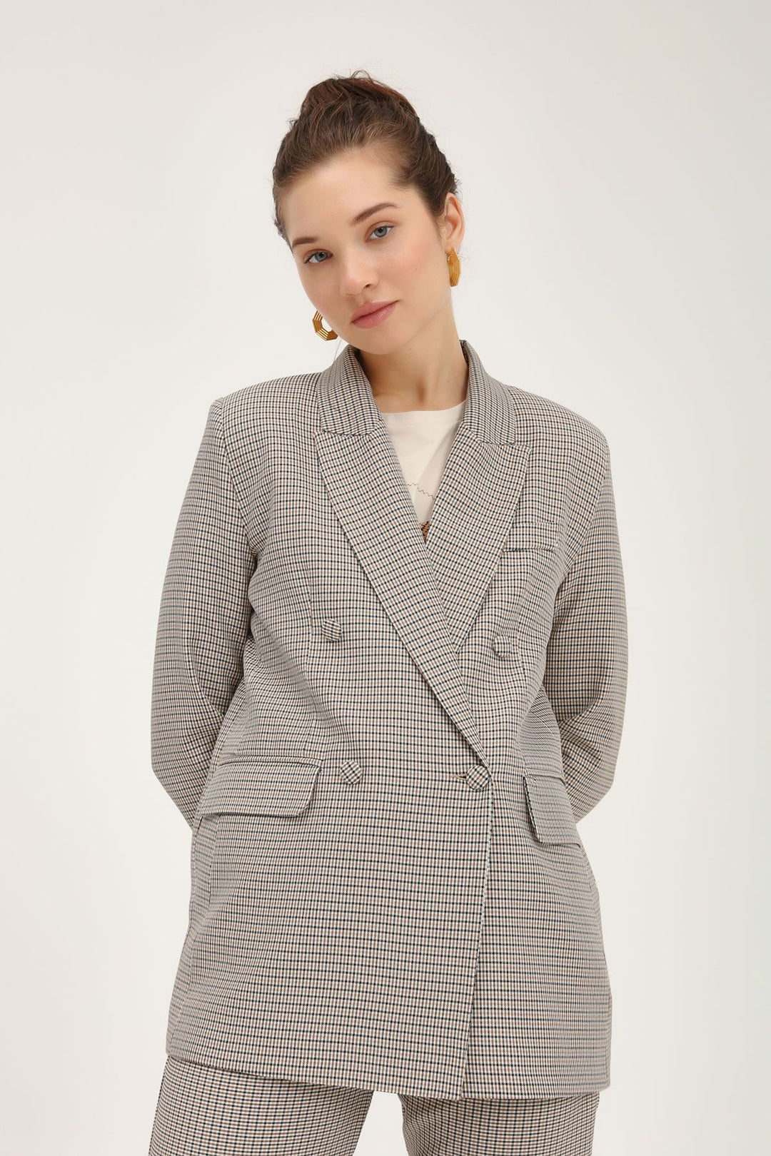 Çizgili Blazer Ceket Camel