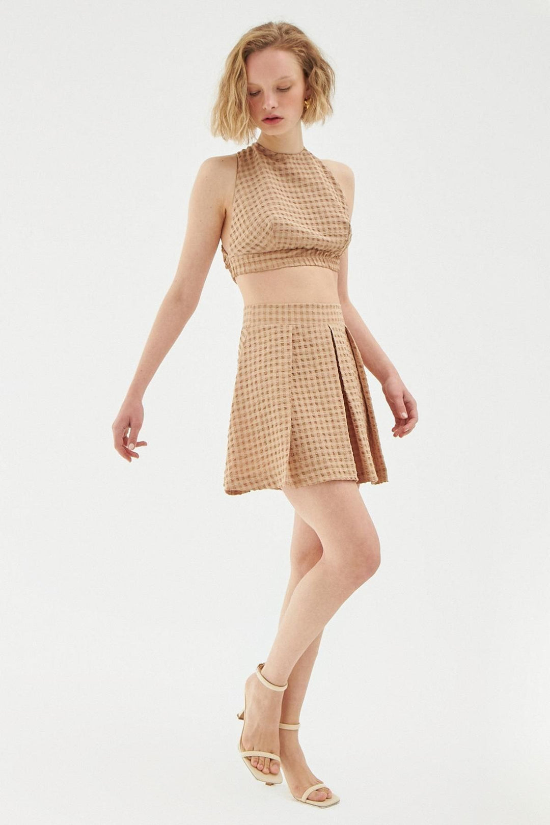 Pile Detaylı Şort Etek Bej