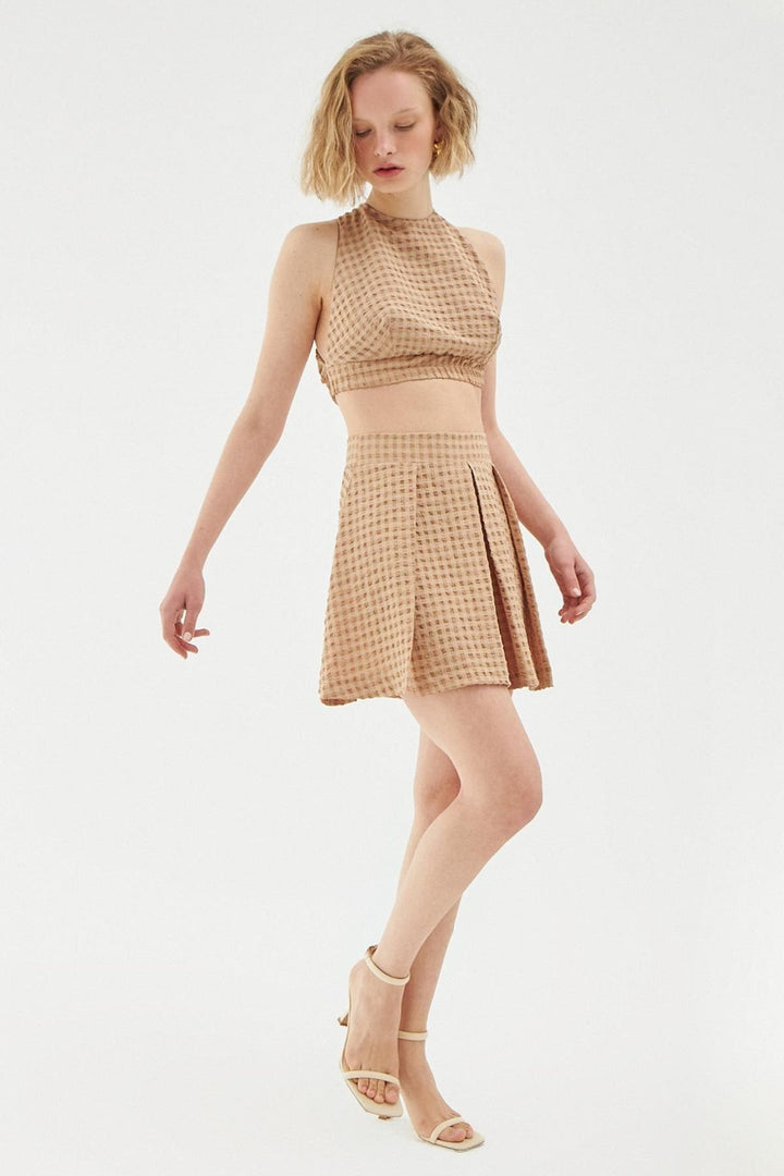 Pile Detaylı Şort Etek Bej