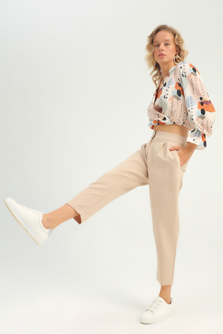 Pileli Yüksek Bel Pantolon Bej