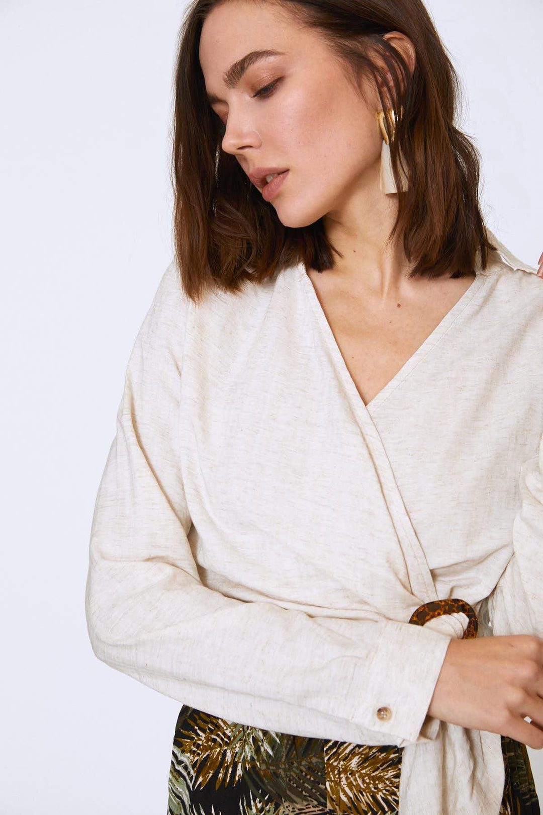 Buckled Waist Double Breasted Linen Blouse Natural