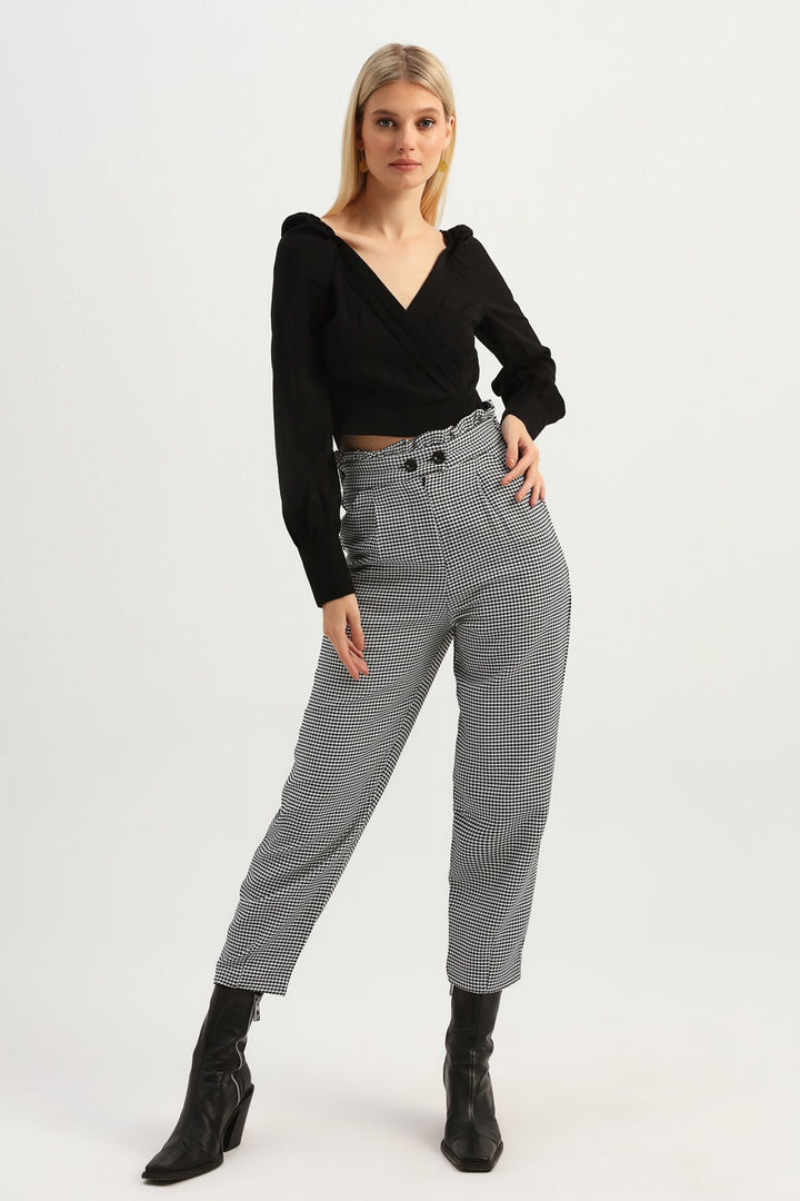 Balloon Sleeve Double Breasted Crop Blouse Black