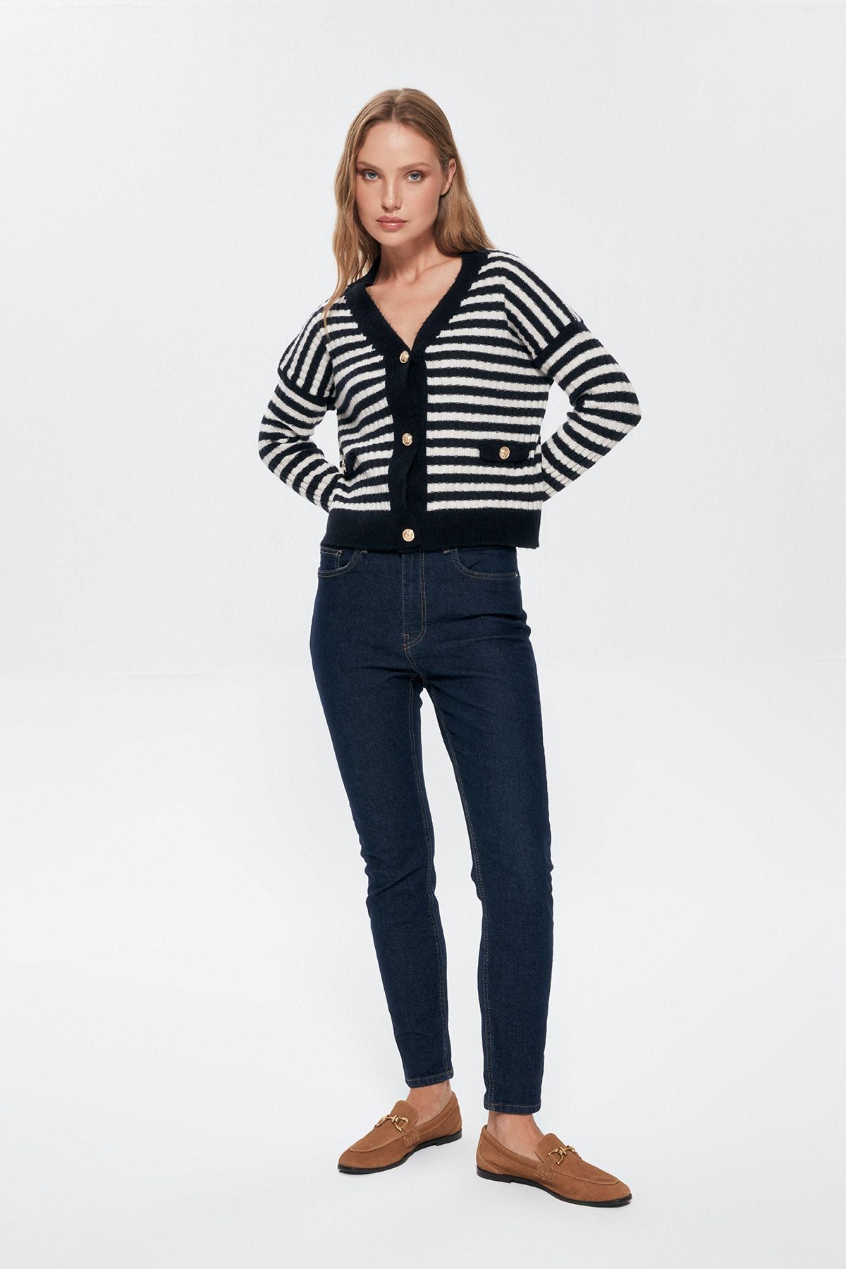 Button Detailed Striped Cardigan Navy Blue