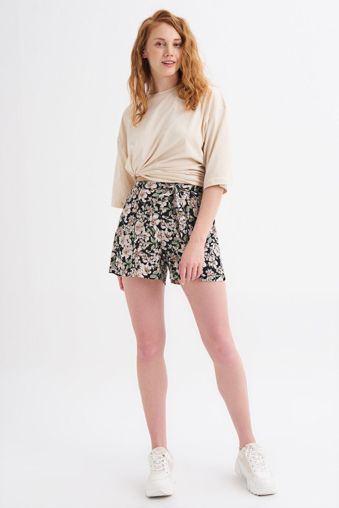 Patterned Tie Waist Shorts Black