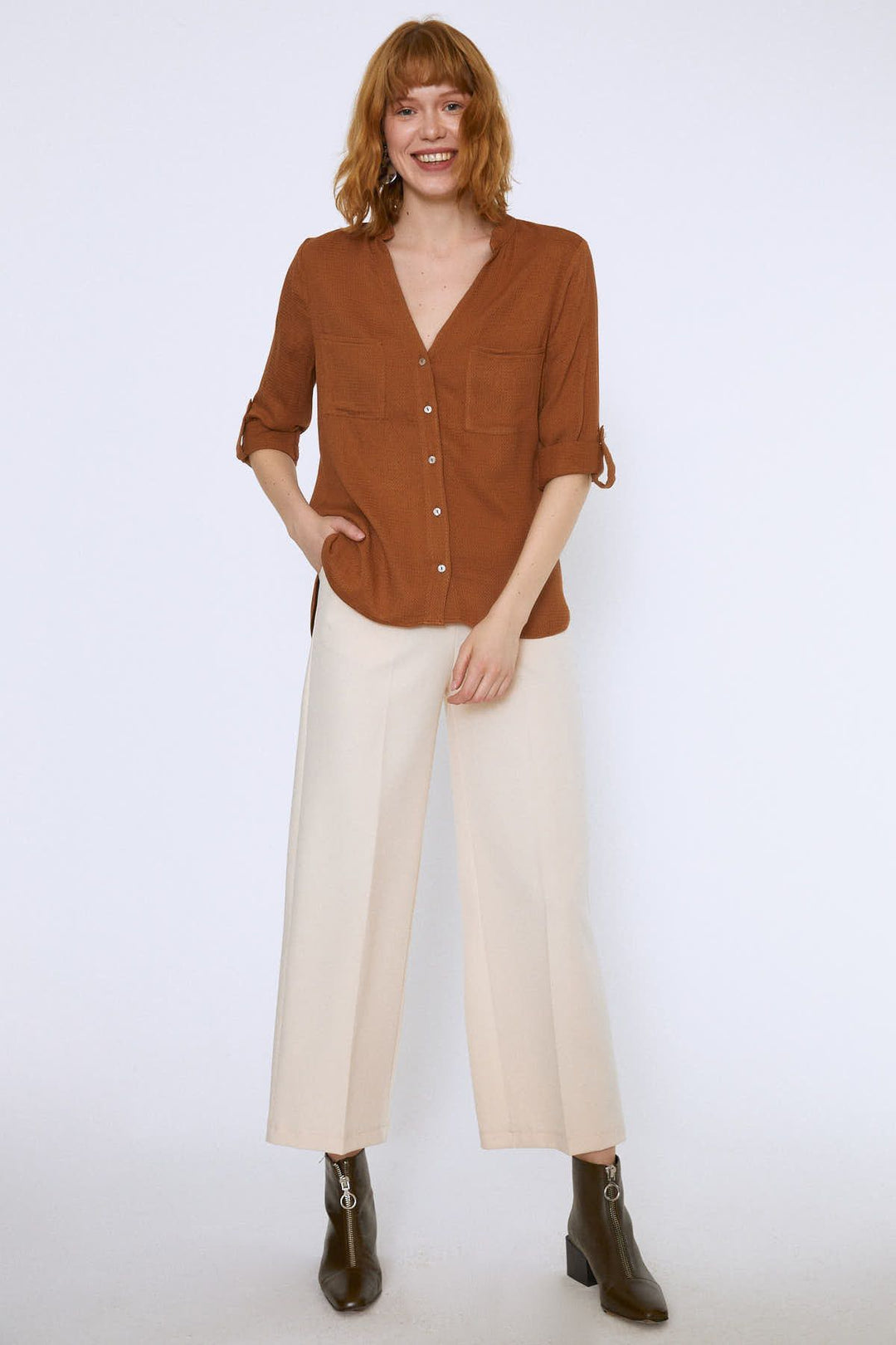 Three Quarter Sleeve Linen Shirt Brown