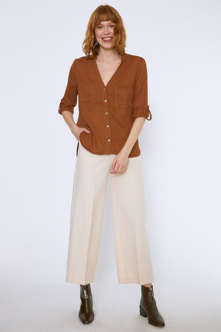 Three Quarter Sleeve Linen Shirt Brown