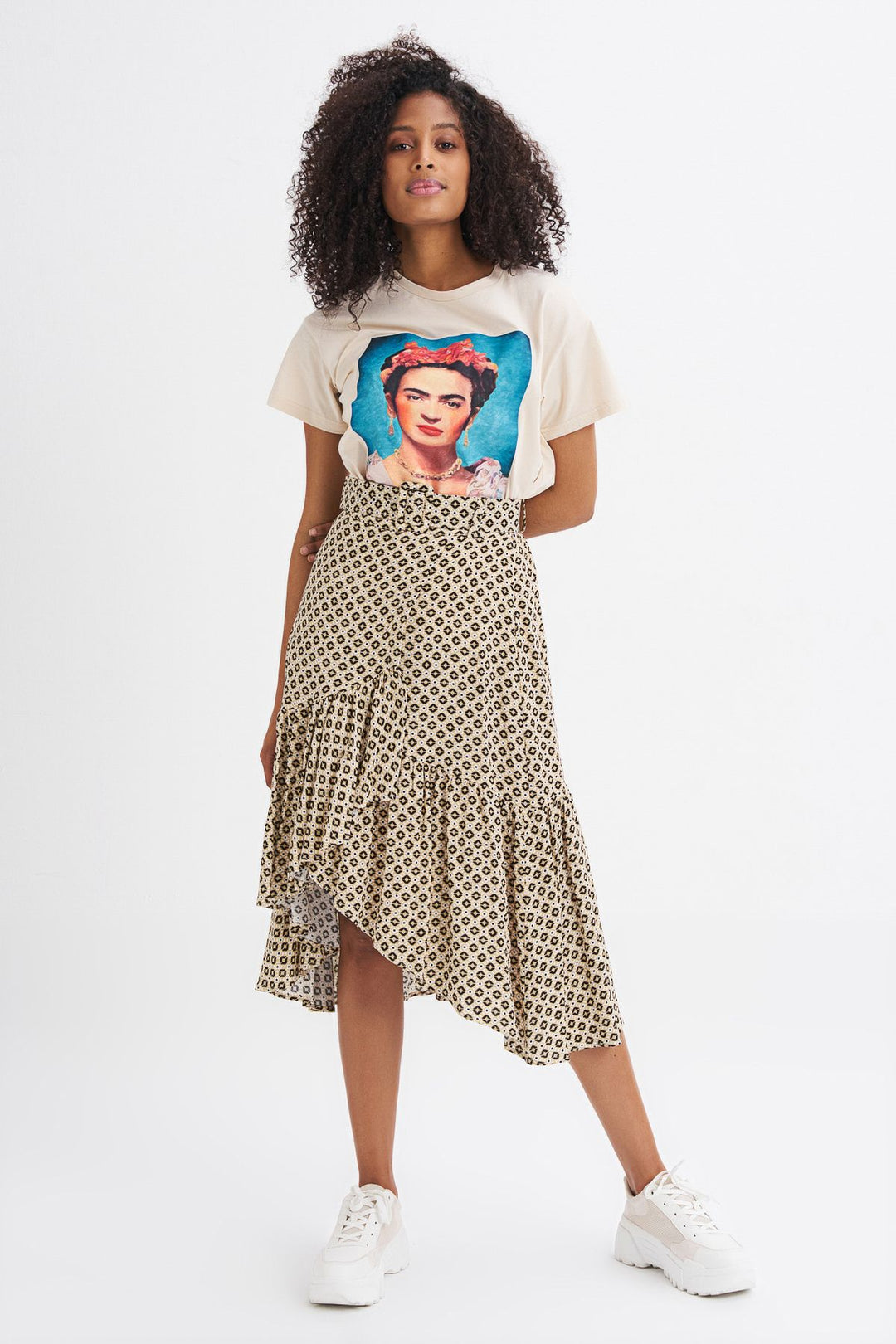 Patterned Belt Detailed Wrapped Skirt Beige