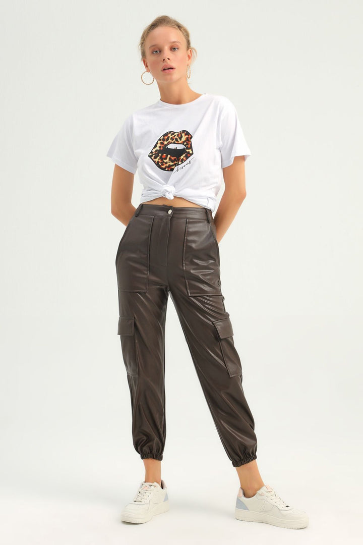 Cargo Pocket Leather Jogger Pants Brown