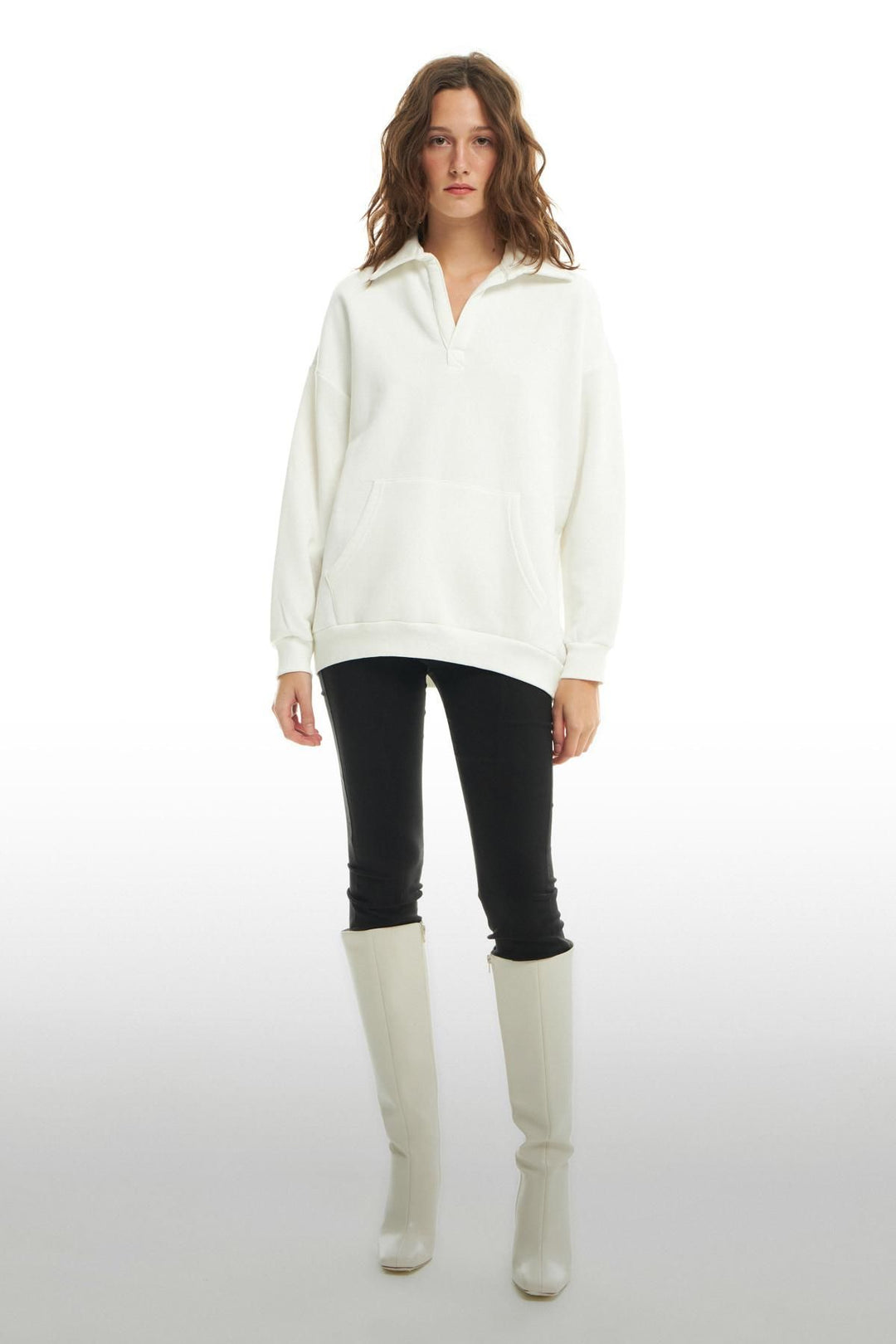 Kangaroo Pocket Polo Neck Sweatshirt Ecru