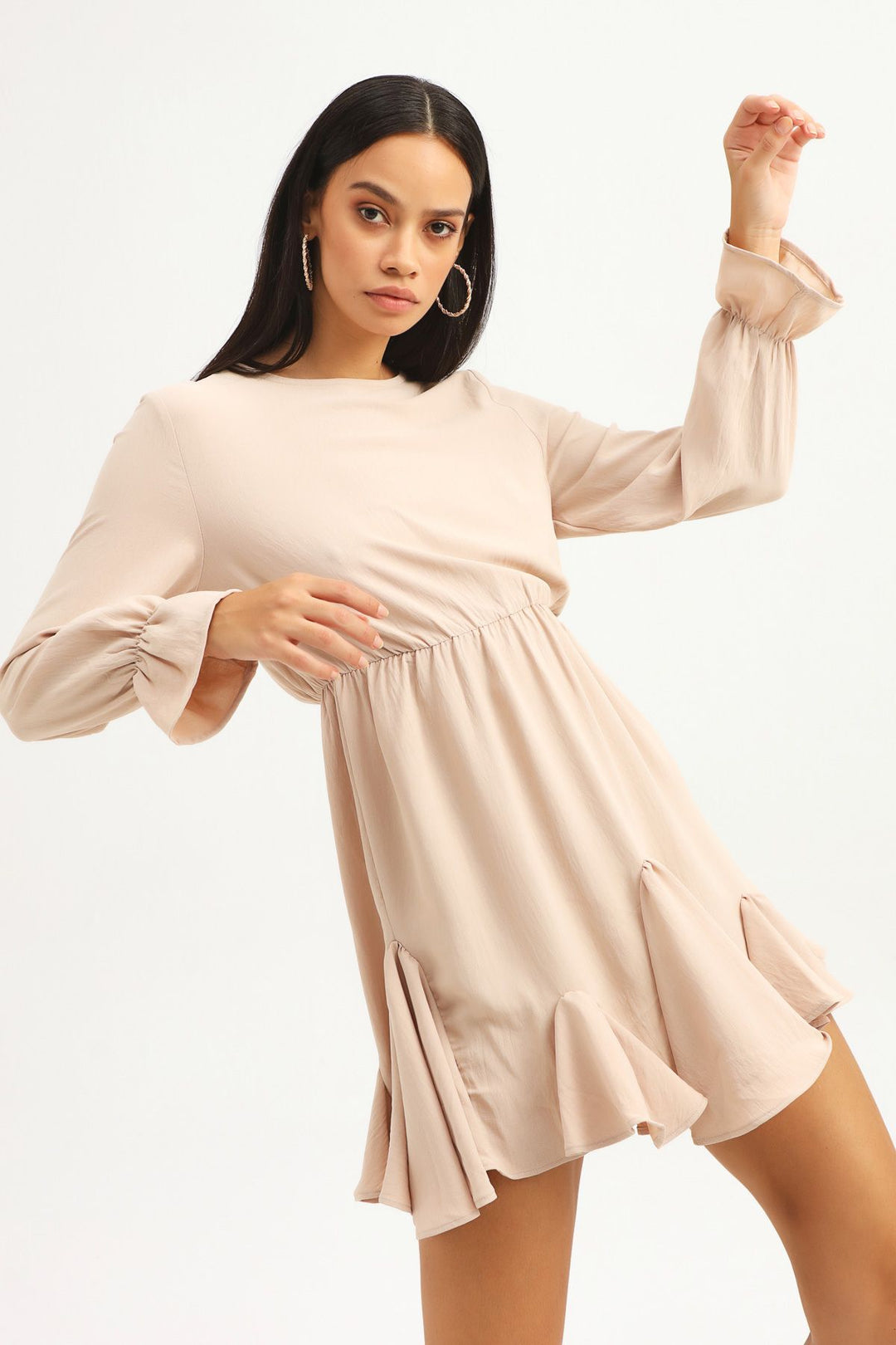 Ruffle Midi Dress Beige