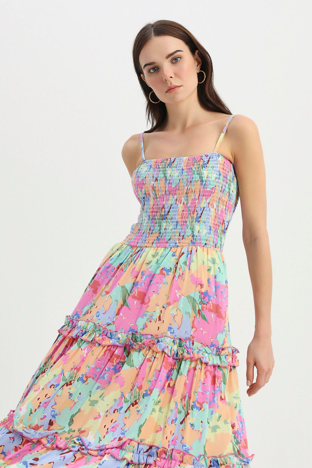 Desenli Fırfır Detaylı Askılı Elbise Açık Mavi