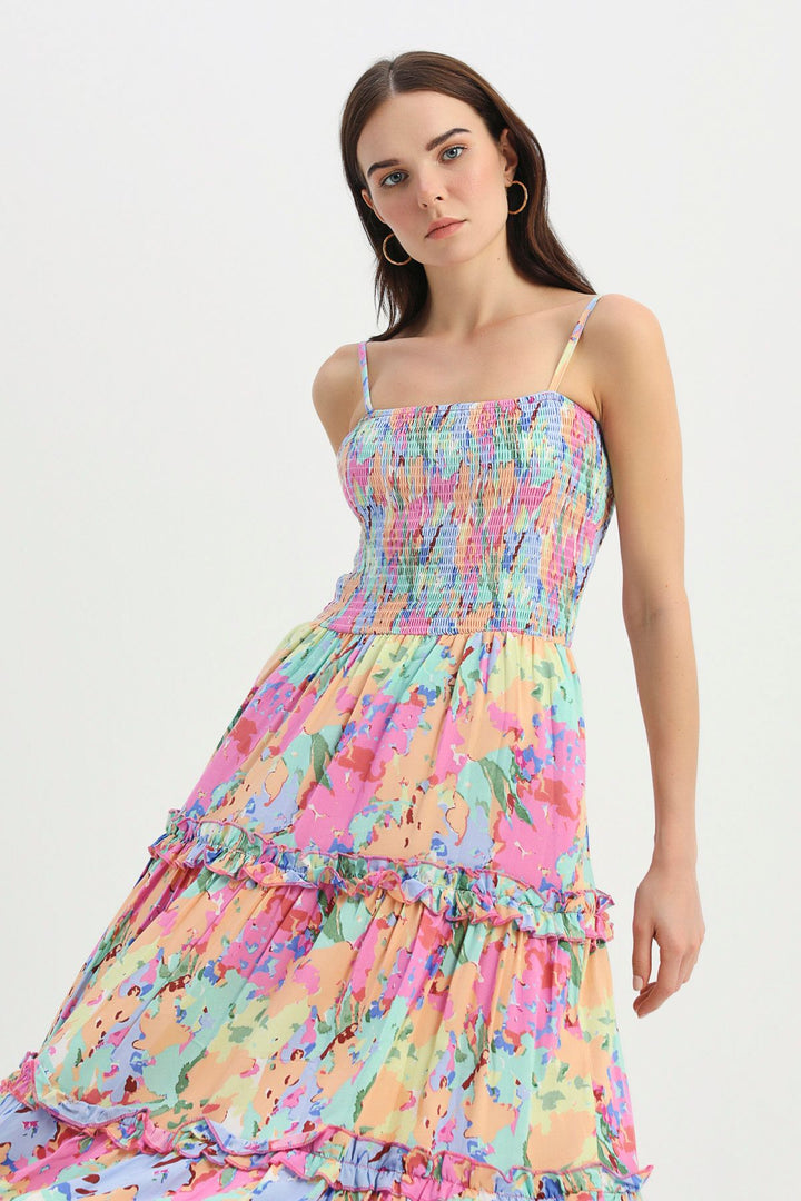 Desenli Fırfır Detaylı Askılı Elbise Açık Mavi