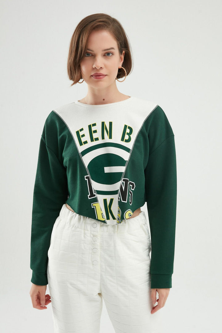 Baskılı Crop Sweatshirt Koyu Yeşil