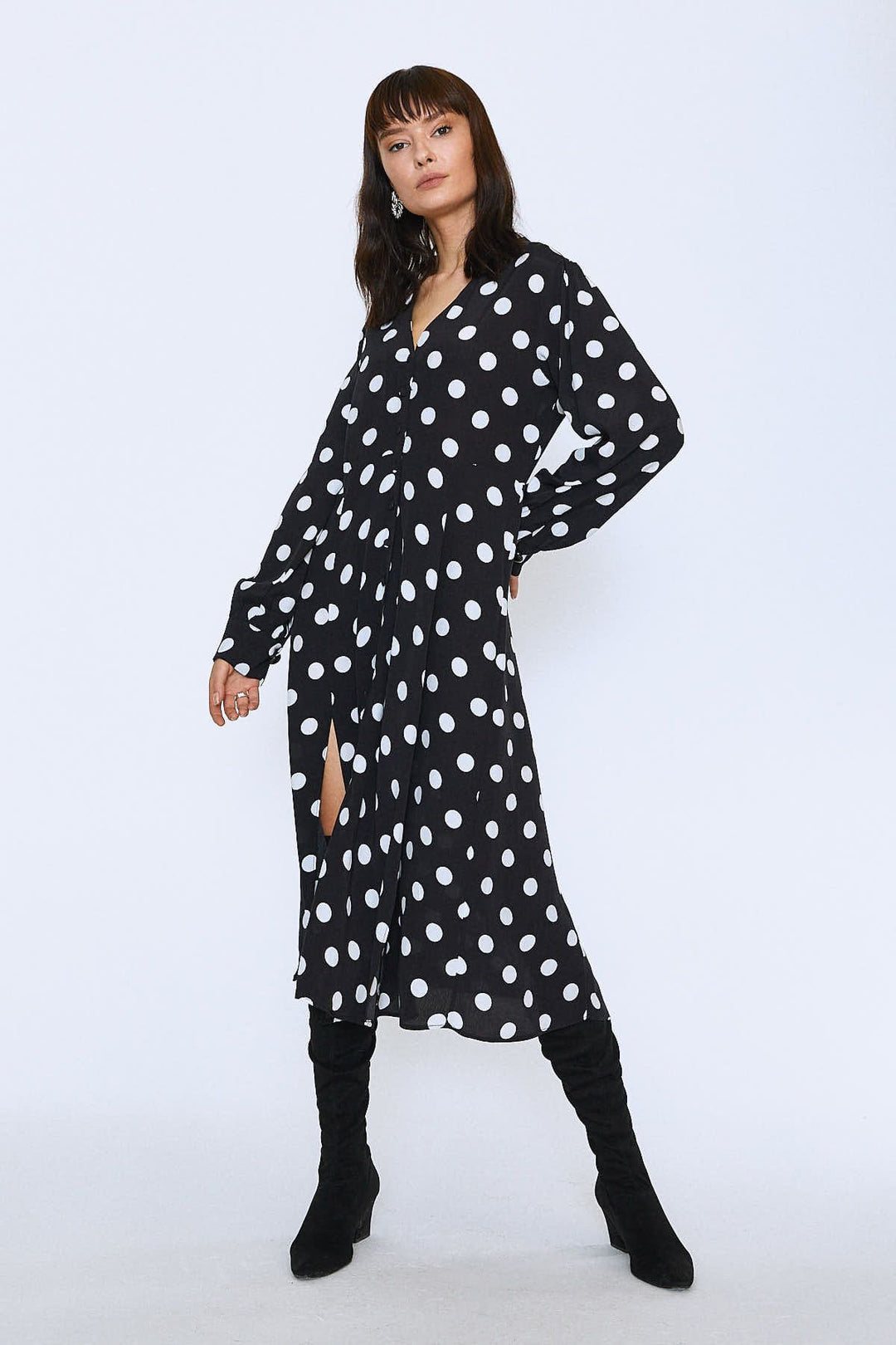 Button Front V-Neck Dress Black